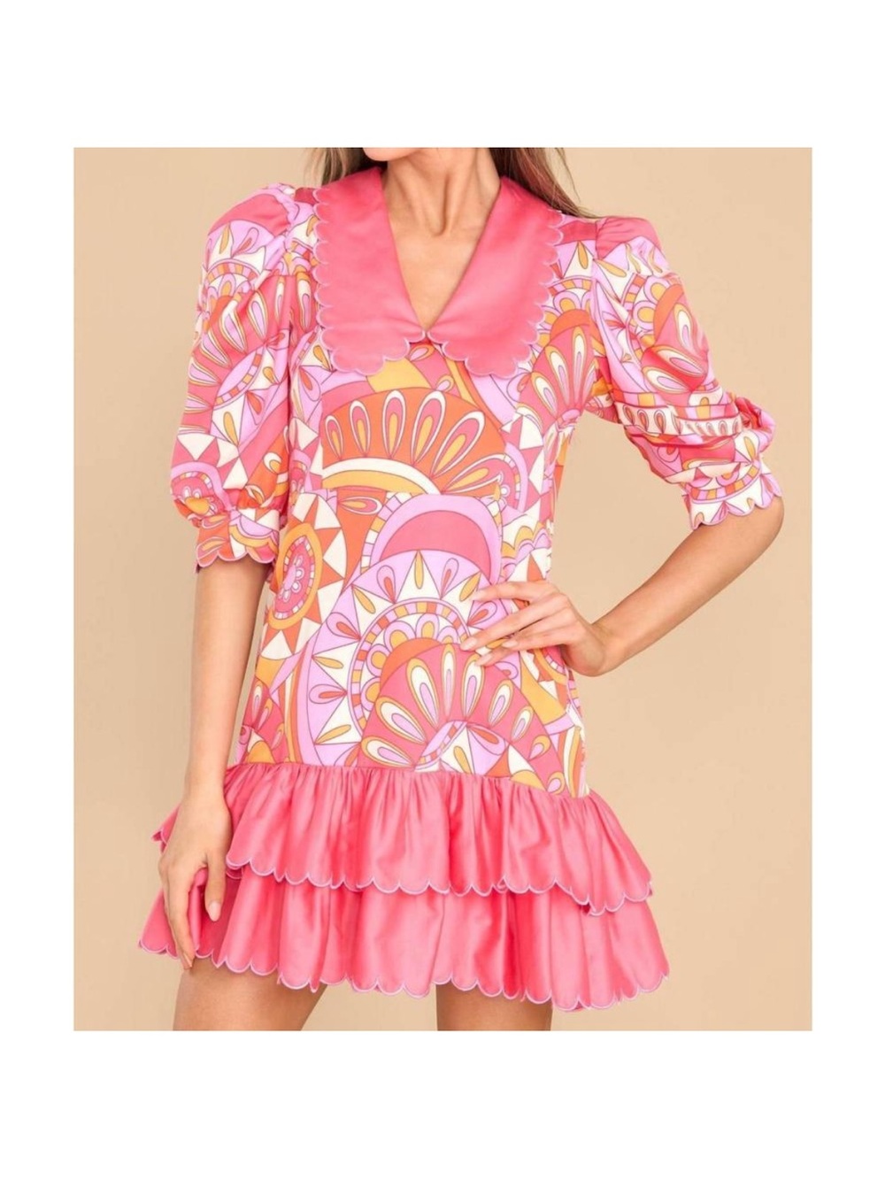 Alden Pink & Coral Printed Scalloped Collar Mini Dress